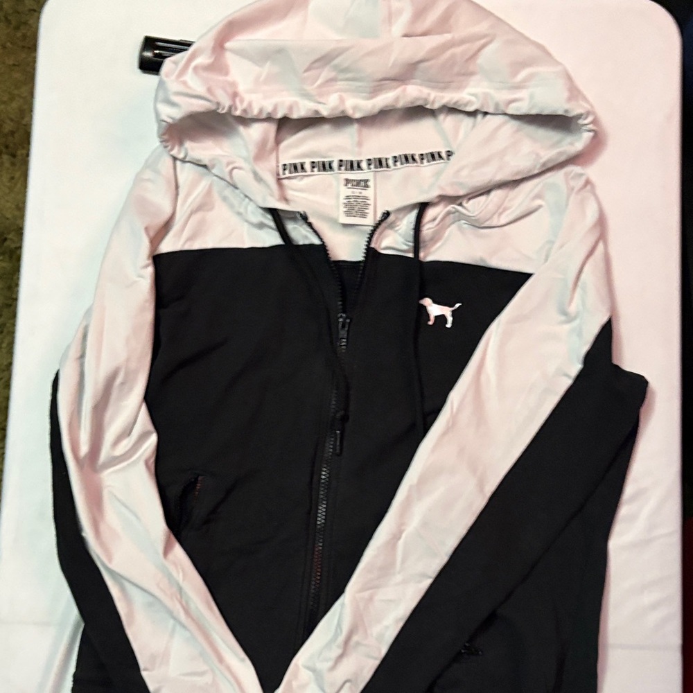 PINK Victoria's Secret Black and Light Pink Colorblock Zip Hoodie